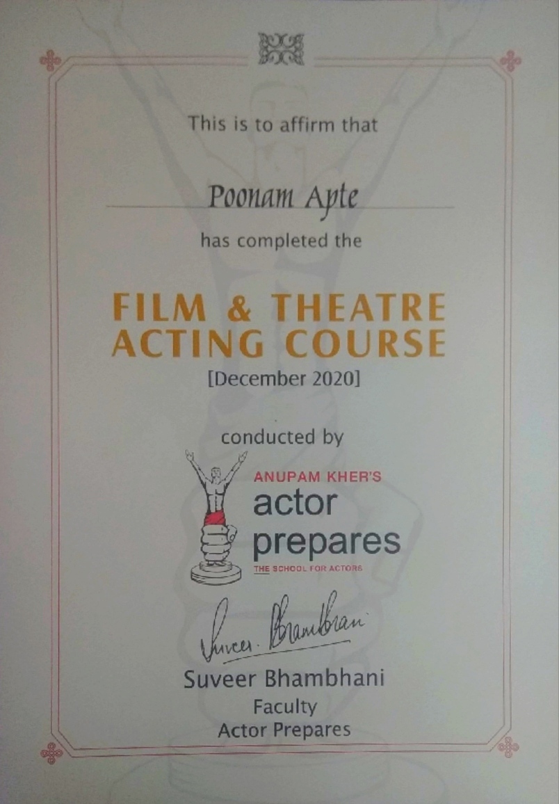Poonam Apte Actor Prepares Certificate