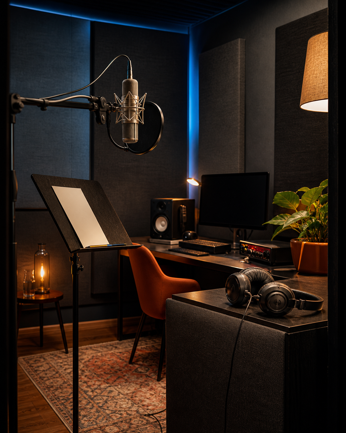 Professional home voice-over studio with microphone, headphones and recording workstation